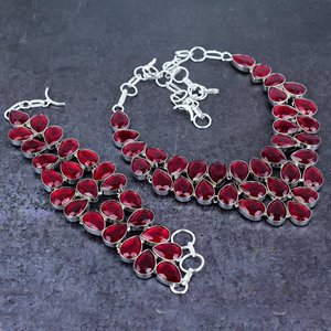 Adorable Mozambique <b>Garnet</b> Gemstone Necklace <b>Bracelet</b> Set Pear Shape Overlay Faceted Bezel Set Romantic Silver Plated Handmade - Product Image 2