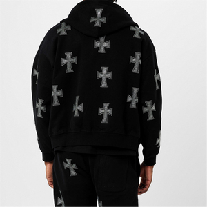 Sudadera con capucha y cremallera para hombre, negra, estilo oversize, streetwear, con estampado cruzado, de algodón tejido, corte regular, para otoño. - Product Image 6