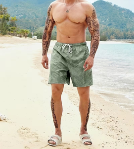 Men's Green Tropical Print Quick Dry Board Shorts With Pockets Drawstring Waist Casual Beach Swimwear - Product Image 3
