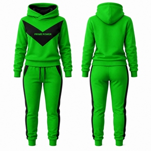 <b>Prime</b> Power Women's Green Hooded Sweatshirt Set Full Sleeve Fleece Sporty Tracksuit With Side Stripe Geometric Print All Seasons - Product Image 1
