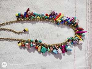 Handmade Glass Beaded <b>Necklace</b> <b>Statement</b> Collar with Gold Chain Multi Color Beads for Fashion Jewelry - Product Image 2