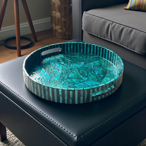 Bandeja Redonda de Madreperla Turquesa PERFECT ENTERPRISES, Bandeja de Servir Hecha a Mano con Mosaico, Bandeja Decorativa - Product Image 2