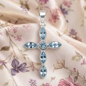 Colgante de Cruz de Plata de Ley 925 con Topacio Azul, Joyería Cristiana Hecha a Mano, Chapado en Oro Rosa de 18K y Oro Amarillo, Regalo para Mujer - Product Image 4