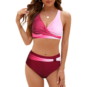 Conjunto de Bikini con Bloques de Color, Top con Cuello en V Profundo y Detalle Trenzado, Braguita de Cintura Alta, Traje de Baño Elástico de Spandex y Poliéster para Playa - Product Image 1