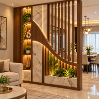 Paravent de séparation de pièce moderne, écran décoratif en bois, finition marbre, éclairage LED rétroéclairé, étagères, niches, lattes verticales