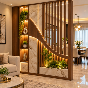 Paravent de séparation de pièce moderne en bois décoratif avec finition marbre, écran rétroéclairé LED, étagères et niches à lattes verticales - Product Image 1