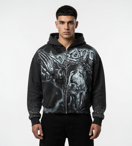 Sudadera con capucha gótica personalizada con cremallera y pedrería, premium, oversize, estilo dark art, streetwear, gráfico, de alto gramaje, marca privada, fabricante OEM - Product Image 5