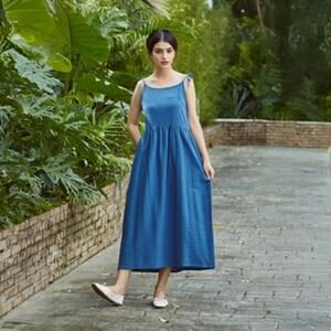 Women Plus Size Vintage 100% Cotton Breathable V-neck Midi Dress Bell Sleeve High Waist <b>Bow</b> Decoration A-Line Silhouette Loose - Product Image 1