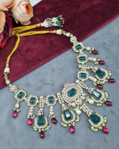 Handcrafted Radiant Cut Stone Designer <b>Necklace</b> With Earrings And Mangtika For Women Traditional Ethic Wear Jewellery Collection - Product Image 5