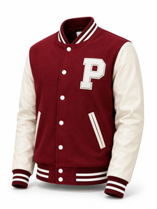 Veste universitaire unisexe marron à manches blanches, broderie lettre P, patchwork, col rabattu en laine, coupe classique, vêtement d'hiver - Product Image 1