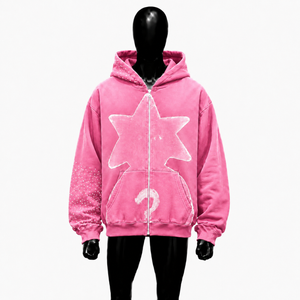 Sudadera con capucha rosa con estampado de estrella, estilo oversize, streetwear unisex, vintage, con efecto desgastado, cremallera completa, informal. - Product Image 1