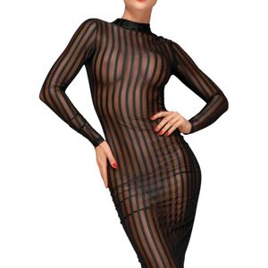 Women's Black Striped Mesh Bodycon Dress Long Sleeve Sheer Fitted Midi Dress With <b>Open</b> Back - Product Image 3