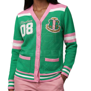 Cárdigan OEM de la hermandad griega AKA, verde y rosa, texturizado, para mujer, con logotipo bordado, botones frontales, cárdigan universitario de fraternidad. - Product Image 1