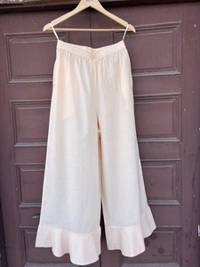 Pantalon Palazzo Bohème Ample en Coton Beige Clair pour Femme, Taille Mi-Haute Élastique, Coupe Ample, Respirant, Ourlet Volanté, Idéal Été - Product Image 3