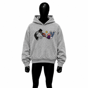 เสื้อฮู้ดกราฟิกสีเทาพร้อมลายภาพประกอบแนวสนุกสนาน สตรีทแวร์เนื้อผ้ามีเท็กซ์เจอร์ ทรงโอเวอร์ไซส์ สวมใส่สบาย ยูนิเซ็กส์ สไตล์วินเทจ - Product Image 1