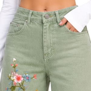 Jean large brodé floral vert sauge pour femme, taille haute, coupe ample vintage, décontracté, mode, personnalisé OEM ODM - Product Image 6