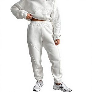 <b>Women's</b> White Winter 2-<b>Piece</b> Hooded Tracksuit Set Full Length Cotton Casual Sweatpants Regular Fit Solid Color Sportswear - Product Image 5