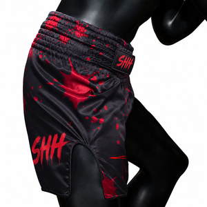 Shorts de combat athlétiques pour hommes en satin noir et rouge 2026, séchage rapide, 160g, pour Muay Thai, Kickboxing, MMA, Boxe, entraînement et sport de combat - Product Image 5