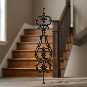 European Style Wooden Staircase <b>Handrail</b> with Black <b>Wrought</b> <b>Iron</b> Balusters - Product Image 2