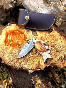 High Quality Damascus Steel Blade Folding Knife with Engraved Brass & <b>Fired</b> Bone Handle Handcrafted Fish Style Pocket Knife - Product Image 4