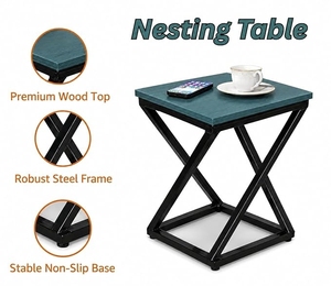 Table d'appoint de luxe carrée en bois bleu sarcelle avec plateau, structure géométrique en métal noir, support latéral robuste, table de chevet - Product Image 6