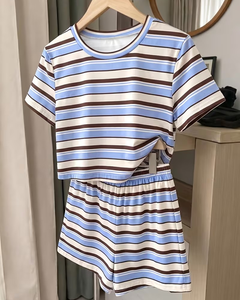Women Striped 2 Piece Shorts Set Short Sleeve Crew Neck Tee Side Split Loose Fit Casual Daily Wear Spring Summer Cotton Knitted - Product Image 1
