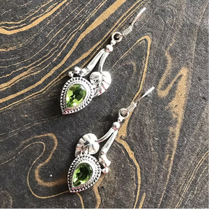 Teardrop Shape Peridot Stone Earrings Handcrafted Leaf Pattern 925 <b>Silver</b> <b>Top</b> Quality Jewellery for Women's Everyday Wear - Product Image 3