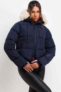 Veste matelassée marine pour femme avec capuche à bordure en fourrure, fermeture éclair, manches longues, style hiver, couleur unie, polyester épais enduit - Product Image 6