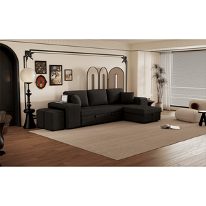 Divano Sezionale Moderno a L da 3 Posti Reversibile con Letto Estraibile e Chaise Longue Contenitore, 2 Sgabelli per Soggiorno - 104.5 - Product Image 2