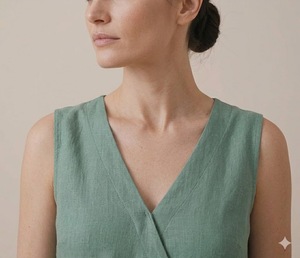 Robe d'été artisanale en lin tissé, col en V, sans manches, couleur unie, respirante, taille naturelle, style vintage, tenue décontractée - Product Image 1