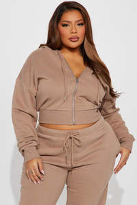 Women's Beige Cropped Hooded Zip-Up Sweatshirt <b>Set</b> With <b>Matching</b> <b>Joggers</b> Casual Fleece Two-Piece Outfit Full Sleeve Loose Fit - Product Image 5