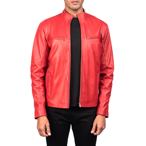 Chaqueta de Moto para Hombre, Roja, de Cuero Sintético, Corte Ajustado, con Cierre de Cremallera y Logotipo Frontal, Cuello Alto, Opciones Personalizadas, Largo Regular, para Otoño - Product Image 1