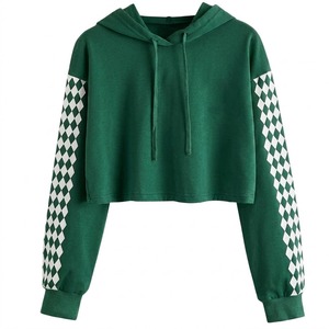 Sweat-shirt à capuche court vert pour femme avec manches à motif losanges, tricoté, décontracté, à manches longues, coupe ample, pour l'automne - Product Image 1