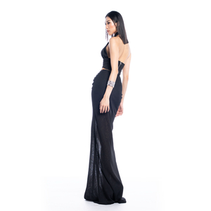 Robe de soirée femme ODM trompette robe licou décolleté Satin tricoté moulante Maxi bouton décoration froncé dos nu femmes ensemble - Product Image 4