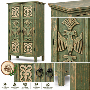 Handcrafted Eco-Friendly Large Capacity Solid Wood Tribal Carved <b>Rustic</b> Green Storage Cabinet <b>Wardrobe</b> for Home Hotel Office Use - Product Image 6