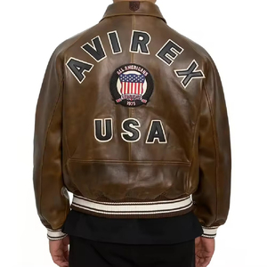 Unisex Brown Leather Bomber <b>Jacket</b> Embroidered Patch Design V-neck Collar Belt Closure <b>Heated</b> Thick Winter Hip Hop Style Private - Product Image 2