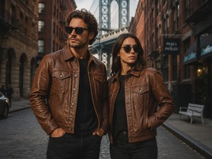 แจ็คเก็ตหนังสีน้ำตาลสไตล์ทรัคเกอร์แบบยูนิเซ็กซ์ แต่งดีเทลขาดๆ พร้อมกระเป๋าแบบมีฝาปิดที่อก - Product Image 5