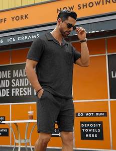 Ensemble polo et short pour homme URRU, tenues d'été, plage, tissu éponge, manches courtes, ensemble court 2 pièces pour homme - Product Image 2