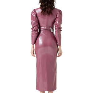 <b>Pink</b> PU Leather Midi Dress High Neck Puff Sleeve Belted Bodycon Fitted Party Wear Solid Color Autumn Style - Product Image 2