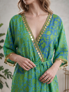 Kimono de Playa Premium para Mujer, Color Verde, Estampado Floral, Cuello en V, Manga Media, Adorno de Encaje con Monedas Doradas, Cintura Cruzada, para Vacaciones - Product Image 5