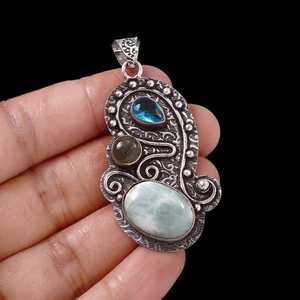 Pendentif élégant en pierre naturelle Larimar, argent sterling 925, plaqué argent/or, style vintage, bijoux de fiançailles, troisième partie - Product Image 4