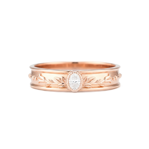 Bague vintage ovale gravée avec diamant de laboratoire, en or massif 14 carats, motif feuille fait main, alliance de mariage minimaliste empilable, bague de promesse - Product Image 2