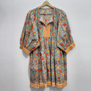 Vestido Casual Midi de Algodón Tejido con Estampado Floral para Mujer, Mangas Abullonadas, Cintura Imperio, Estilo Babydoll, Cuello en V, Corte Holgado - Product Image 1