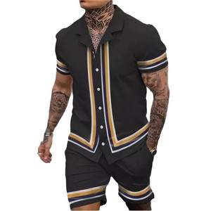 Ensemble chemise et short pour homme, col cubain, formel, uni ou imprimé, tricoté, 100% coton, manches courtes, style urbain, taille mi-haute élastique, été - Product Image 5