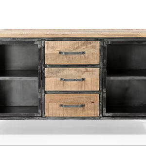 Aparador rústico de madera de mango con 2 cajones y 2 puertas de vidrio con almacenamiento, estilo antiguo - Product Image 1