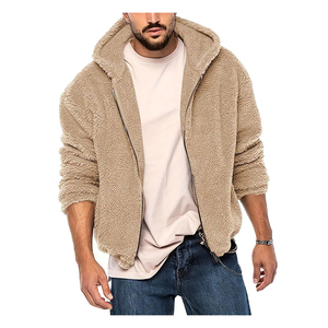 Chaqueta con Capucha y Cierre de Cremallera para Hombre, Color Beige, Felpa, Estilo Casual, para Invierno, Corte Regular, Color Sólido, Transpirable, Tejida - Product Image 1