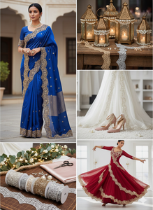 Elegante y Romántico Borde de Encaje Zari Festoneado con Adorno de Lentejuelas Reflectantes y Bordado Floral Intrincado (Ecológico) - Product Image 3