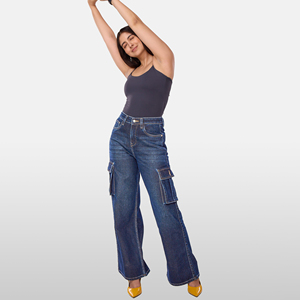 Breathable High Street <b>Women</b> <b>Baggy</b> Trousers Multi Pockets Faded Washed Denim Wide Leg <b>Cargo</b> 100% Cotton Jeans Tentative Price - Product Image 4