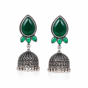 Boucles d'oreilles Jhumka en alliage de zinc plaqué argent, imitation onyx traditionnel, faites à la main, style vintage, ethnique, indien, bohème, pour soirée - Product Image 1