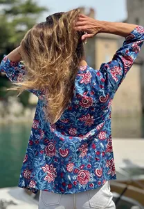 Camisa de Algodón con Estampado Floral Bohemio en Negro y Beige, Blusa Étnica Informal de Manga Larga y Corte Holgado para Mujer - Product Image 5